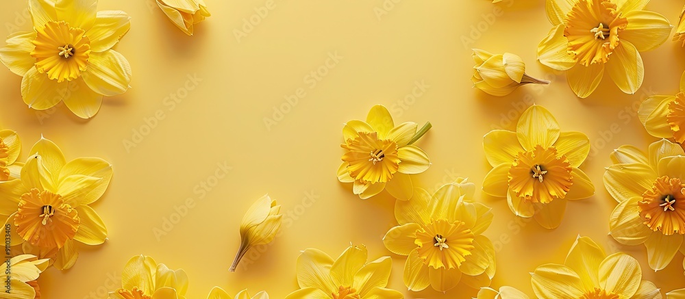 Poster yellow pastel flowers bloom against a sunny backdrop, encompassing a cheerful easter theme in a flat