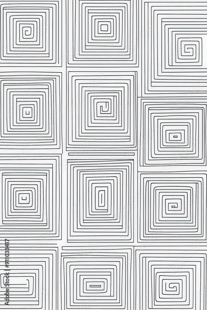 Aufkleber This image showcases a concentric square pattern with spirals intricately designed in black and white, reflecting a mesmerizing visual effect that captivates attention and symbolizes infinity or cycl