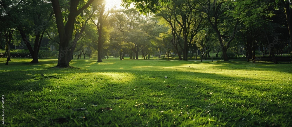 Poster Sunlight filters through the lush greenery in a public park, creating a peaceful atmosphere with copy space image.