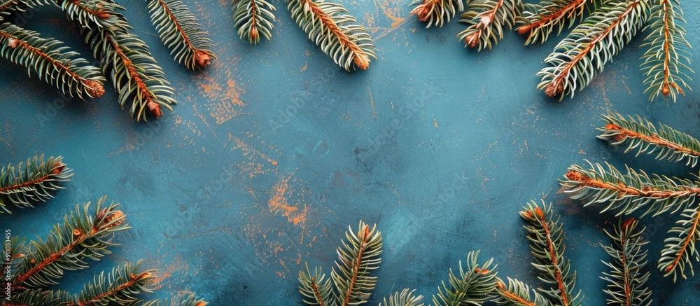 Poster top-down view of a frame made from rustic orange pine branches on a blue backdrop with space availab