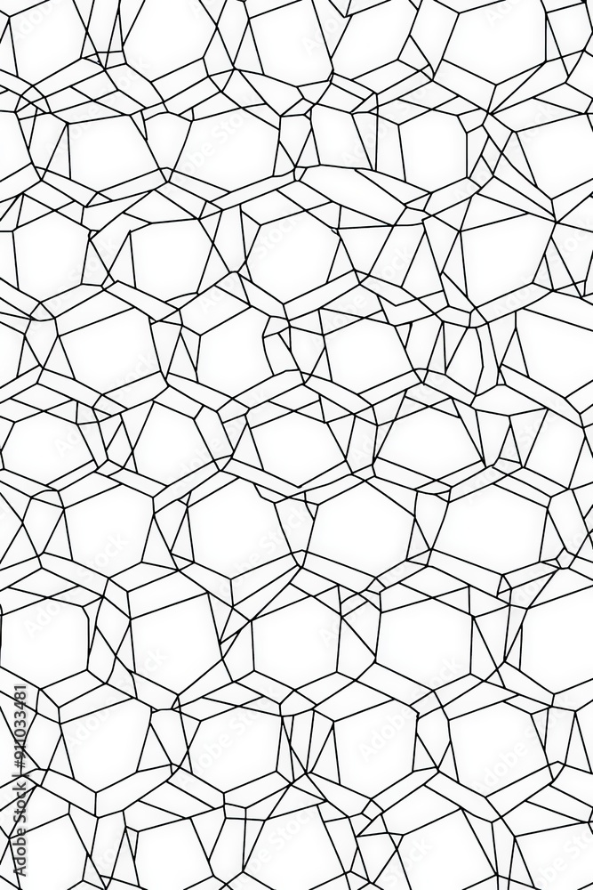 Poster This image showcases a geometric repeating pattern of pentagon shapes outlined in black lines against a white background, creating a visually appealing intricate design.