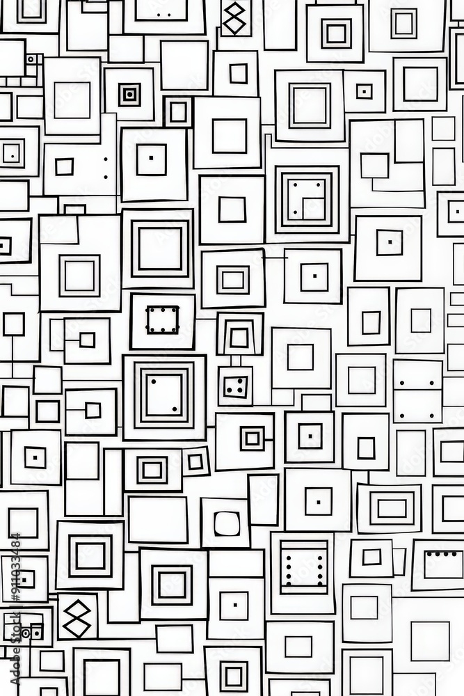 Poster This image showcases an abstract geometric pattern consisting of various-sized squares and rectangles arranged in a visually engaging and intricate design.