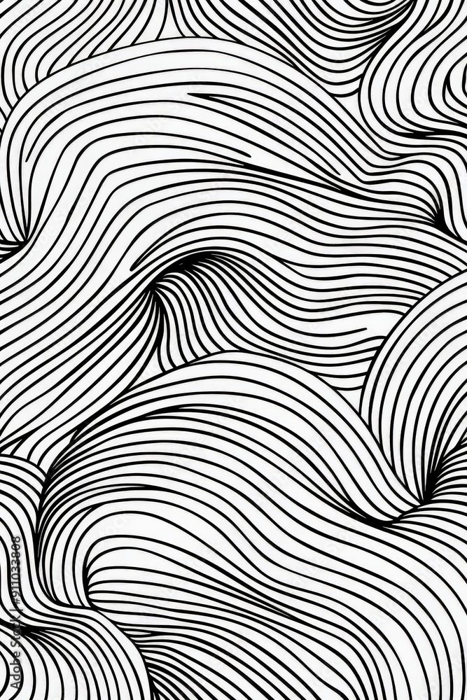 Leinwandbilder This image showcases complex wavy line patterns with a fluid artistic motion. The design utilizes black lines on a white background, creating depth and visual intrigue.