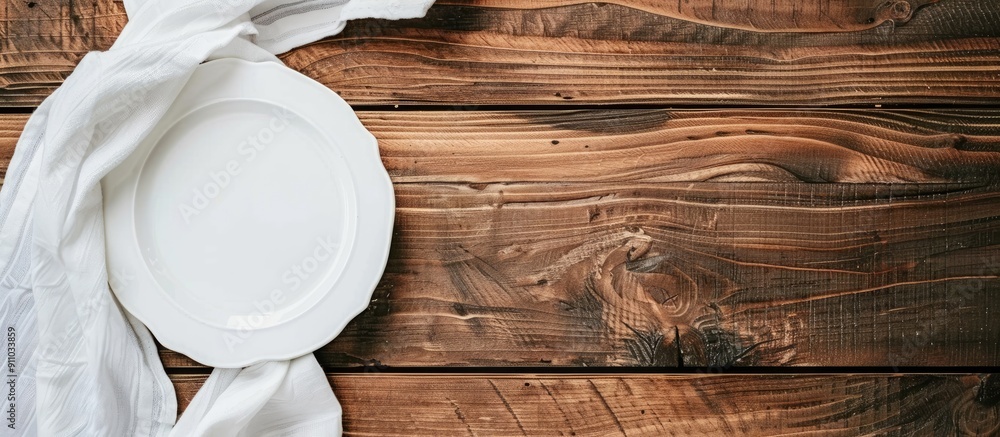 Poster top view of a white plate with a napkin on a wooden table background with copy space image.