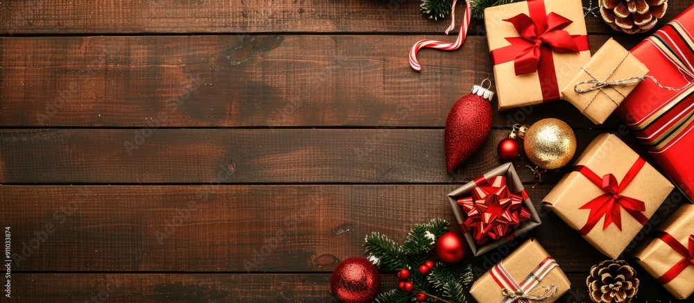 Aufkleber top view of christmas gifts wrapped in boxes on a wooden surface, creating a festive display with co