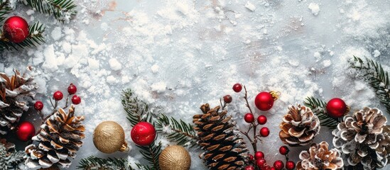 Top-down view of Christmas decorations including pine cones, Christmas tree twigs, and red berries and apples on snowy background with copy space image.