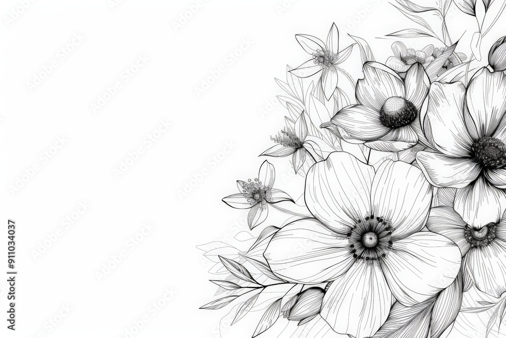 Poster a detailed black and white sketch of various flowers with intricate line work and shading, highlight