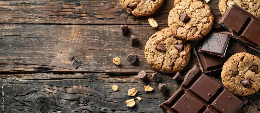 Poster top view of crunchy malt cookies and chocolate on a rustic old wooden table, with ample space for te
