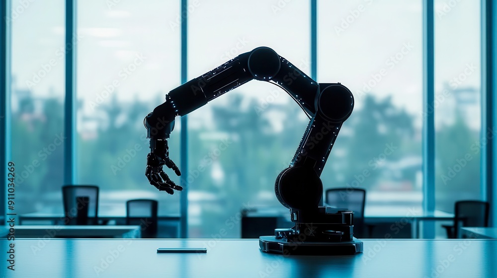Poster silhouette of a robotic arm in an office setting, symbolizing automation and technology in a modern 