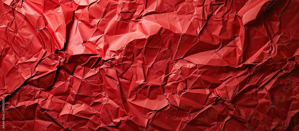 Poster top view of a crumpled red paper background with texture, offering copy space image.