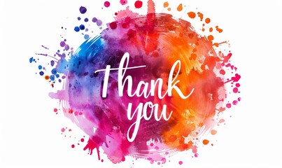 Thank you - calligraphy lettering on abstract multicolored watercolor painted splash background.