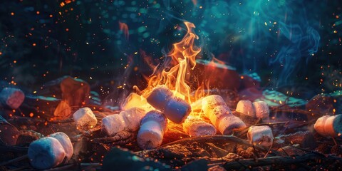 Marshmallows roasting over a fire.