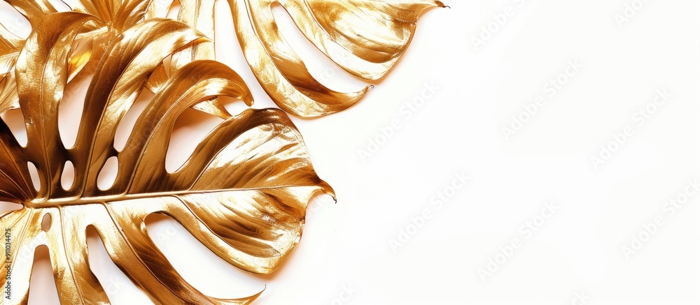 Poster top view of a gold monstera leaf plant frame isolated on white, presenting an abstract style with am