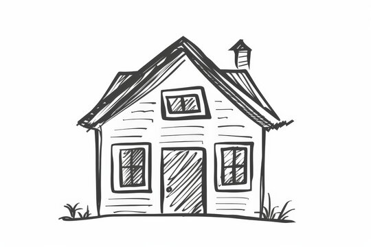 A basic and charming hand-drawn illustration of a house featuring a tiny chimney, two windows, and surrounded by small plants and grass, presenting a cozy scene.