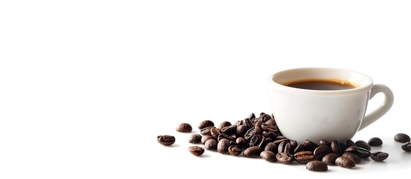 Isolated on a white backdrop, there is a coffee cup with beans beside it, showcasing a copy space image.