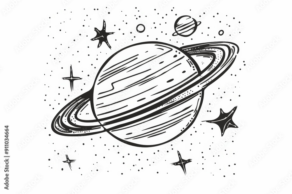 Poster detailed black and white illustration of saturn with its distinctive rings, surrounded by multiple s