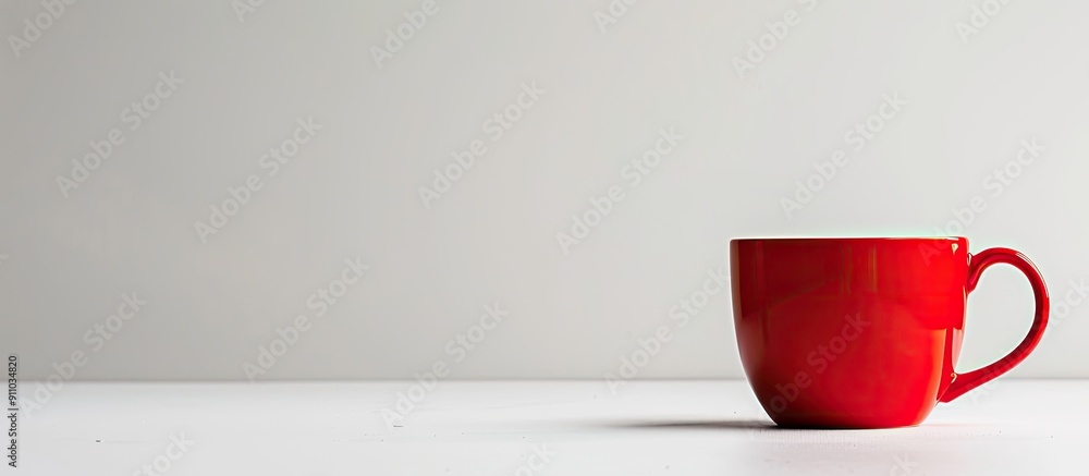 Poster selective focus red mug on white background with copy space image.