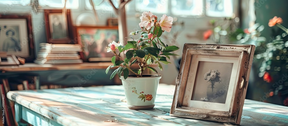 Poster mockup with a blank photo frame displaying a flower in a pot and a stack of old photos on a table, w