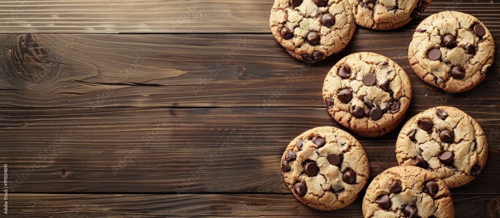 Poster image of chocolate chip cookies placed on a wooden table with space for adding text or graphics. ima