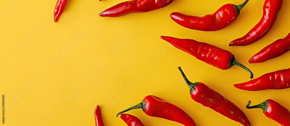 Poster top-down view of red chili peppers framed on a yellow background with a designated area for text, pe
