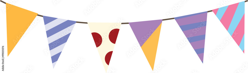 Poster string of colorful triangular party flags hanging on a string for festive decoration
