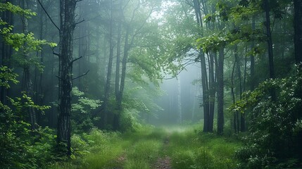 Fototapeta premium A dirt path winds through a misty forest.