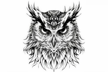 Fototapeta premium A detailed black and white illustration of an owl featuring intricate patterns, bold lines, and an intense stare, showcasing expressive artistic style and fine detailing.