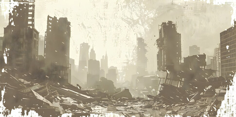 Ruined Cityscape Illustration with Grunge Texture