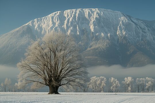 A lone tree stands in a snowy field against a backdrop of snow-capped mountains. - Powered by Adobe