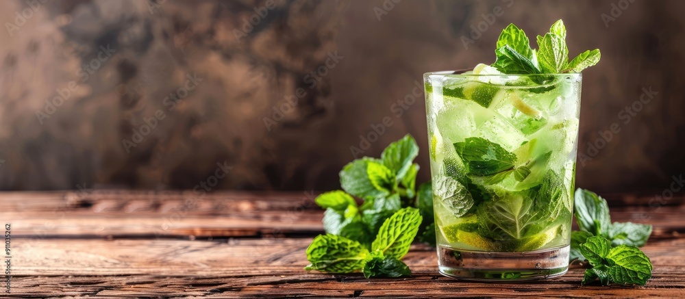 Poster mojito cocktail presented on a wooden table with space for text or graphics in the background. image