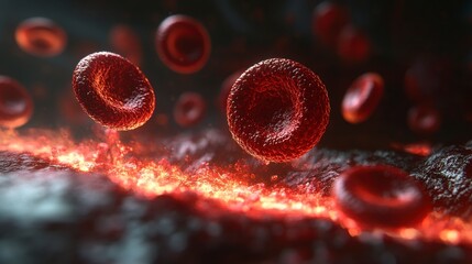 Naklejka premium An artistic representation of red blood cells within a body affected by chronic kidney disease, with a visual emphasis on the reduced number of cells and darker background to symbolize illness