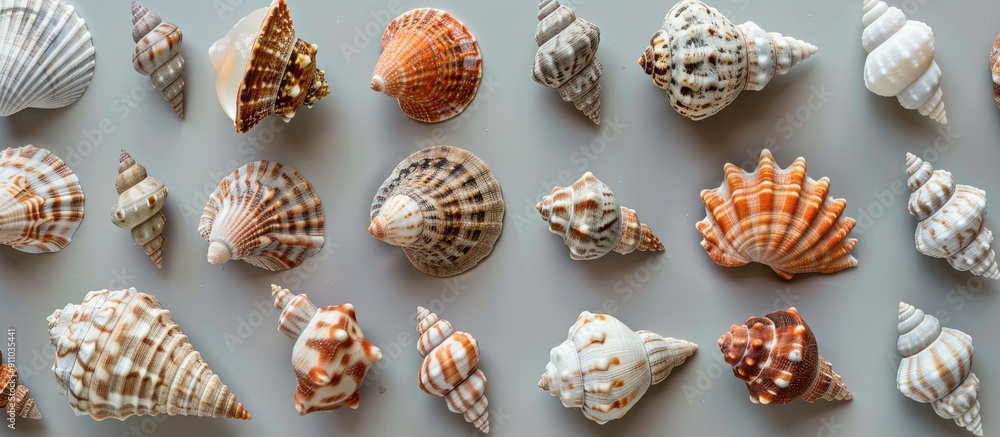 Poster various sea shells displayed on a gray background in a top-down flat lay composition with ample copy