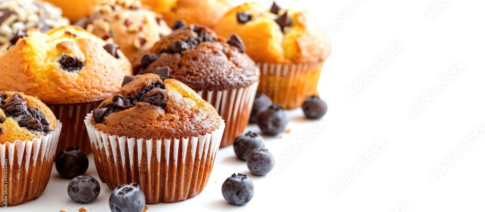 Poster fresh muffins displayed with copy space image on a white background.