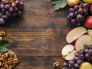 Grapes with cheese and apple slices with walnuts on wood desk with empty space in the center top view.