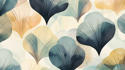 Watercolor painting of a soothing pattern with leaf shapes in soft shades of blue and beige, creating a serene and calming effect.