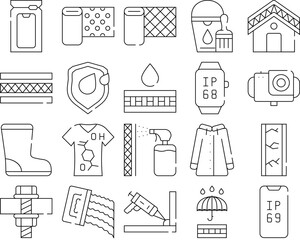 Waterproof Material Collection Icons Set Vector. Waterproof Bag And Layer, Watch And Video Camera, Smartphone And Clothes, Roof And Wallpaper Black Contour Illustrations