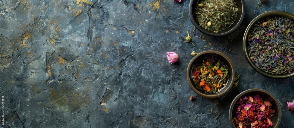 Poster top-down view of herbal and fruit dry teas displayed on a stone table, alongside a blank space for y