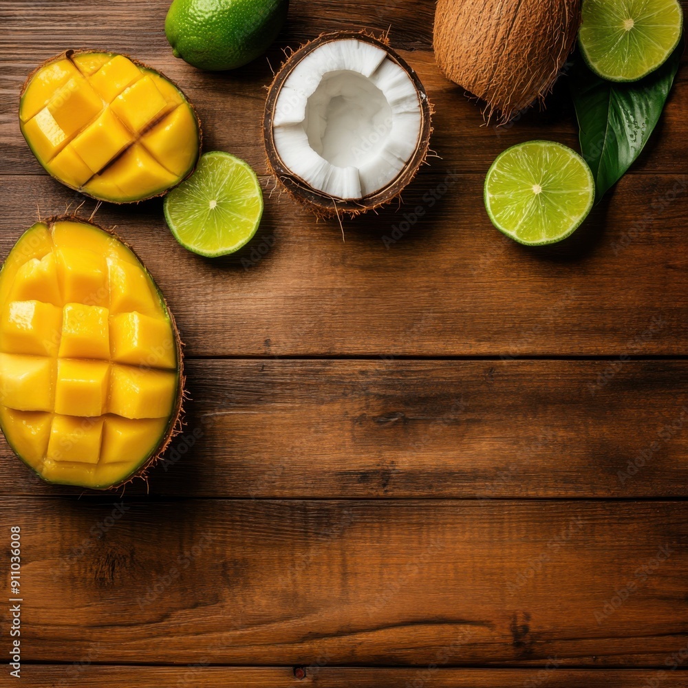Poster mango with coconut and mango with lime on wood desk with empty space in the center top view