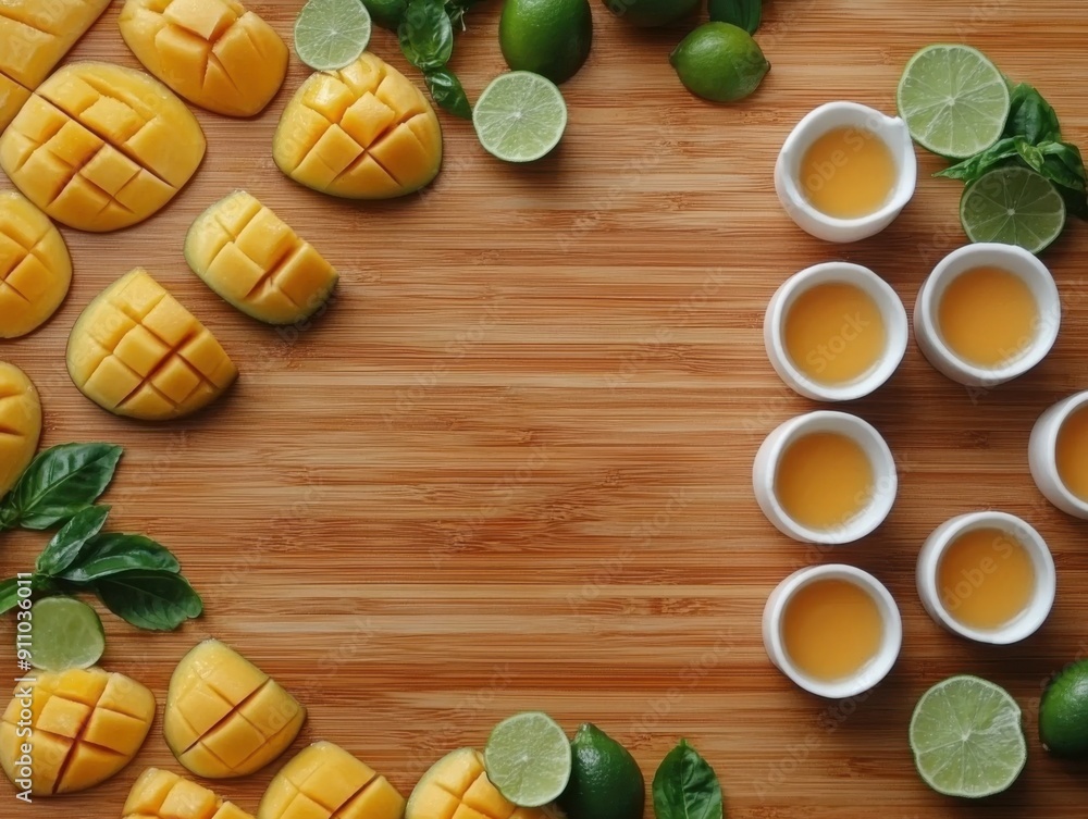 Aufkleber mango with coconut and mango with lime on wood desk with empty space in the center top view