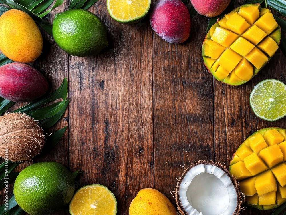 Poster mango with coconut and mango with lime on wood desk with empty space in the center top view