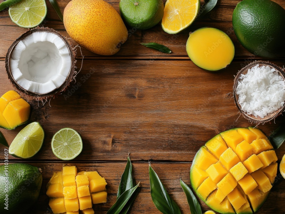 Poster mango with coconut and mango with lime on wood desk with empty space in the center top view