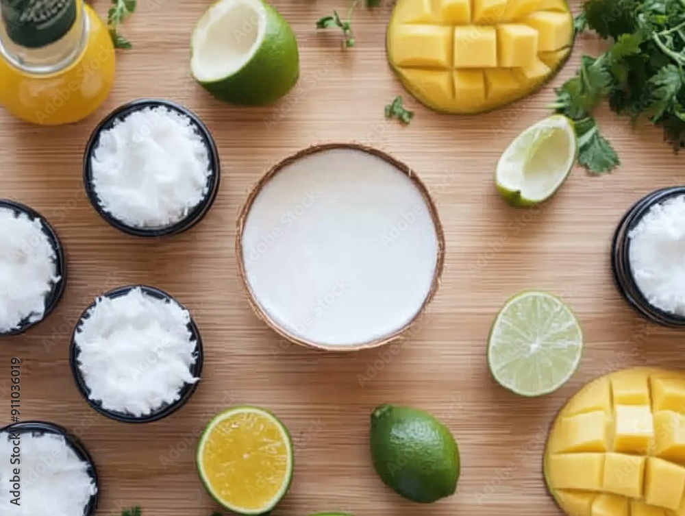 Poster mango with coconut and mango with lime on wood desk with empty space in the center top view