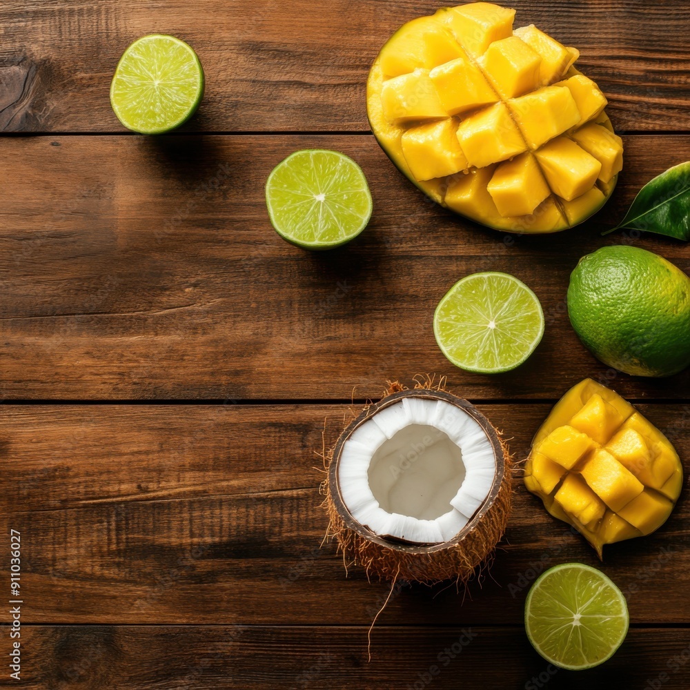 Poster mango with coconut and mango with lime on wood desk with empty space in the center top view