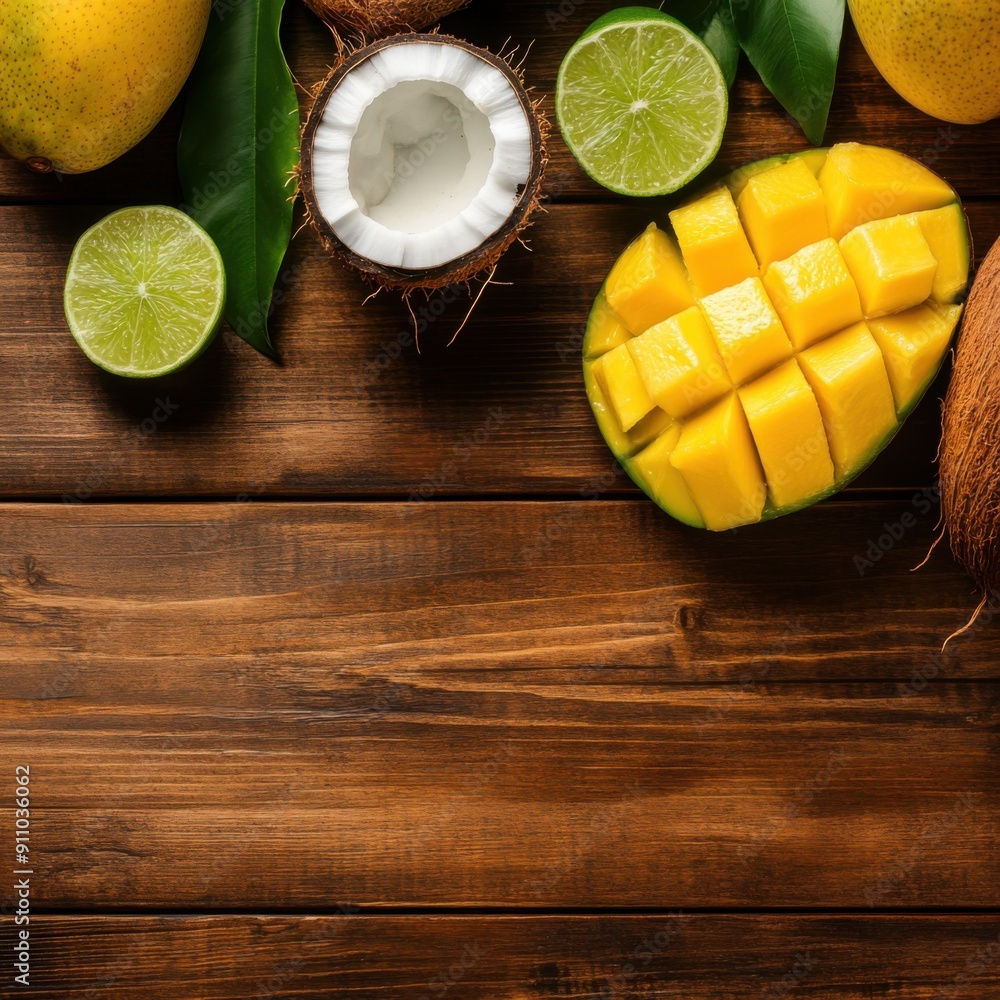 Poster mango with coconut and mango with lime on wood desk with empty space in the center top view