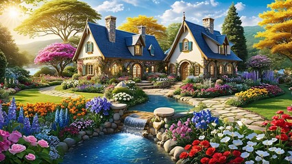 a stunning scene of a fairy tale dream house nestled in the heart of a vibrant flower garden