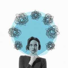 Woman with tangled thoughts flying around head, symbolizing confusion and contemplation. Search for...