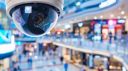 An advanced dome security camera installed in a large, modern shopping mall, ensuring complete surveillance and security for all visitors and retailers within the spacious environment.