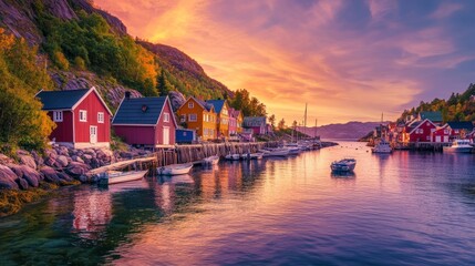 Fototapeta premium Sunrise Over a Coastal Village: A Panoramic View