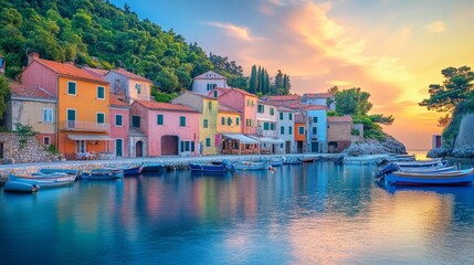 Obraz premium Sunrise over a Coastal Village: Panoramic Beauty
