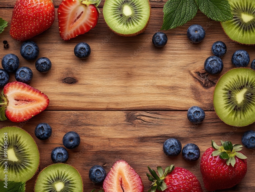 Poster kiwi with strawberries and banana with blueberries on wood desk with empty space in the center top v